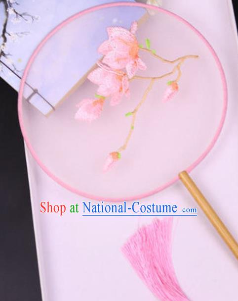 Chinese Traditional Embroidered Mangnolia Pink Palace Fans Handmade Silk Round Fan for Women