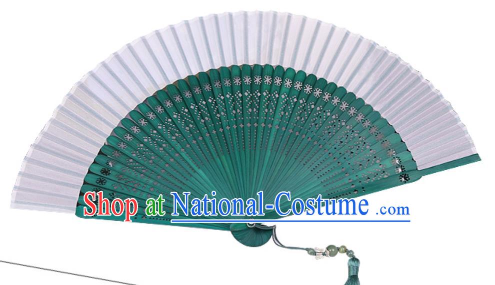 Chinese Traditional Silk Folding Fans Handmade Green Bamboo Accordion Fan