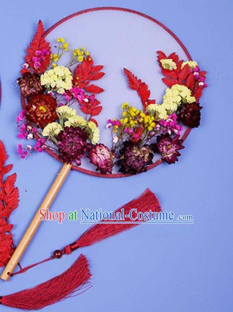 Chinese Traditional Red Flowers Palace Fans Handmade Round Fan for Women