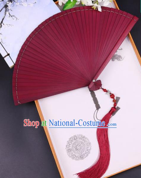 Chinese Traditional Classical Dance Wine Red Folding Fans Handmade Bamboo Accordion Fan