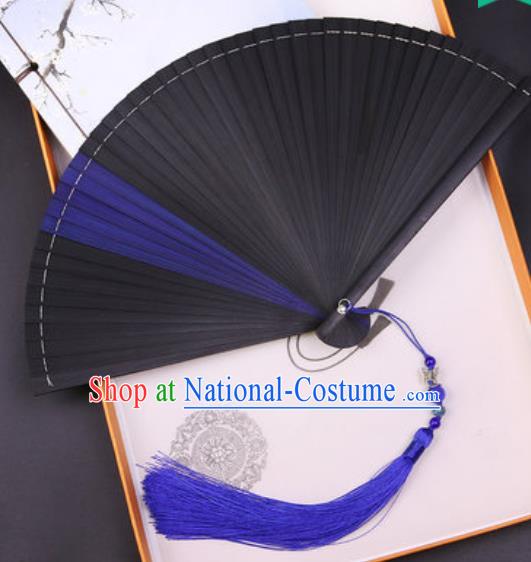 Chinese Traditional Classical Dance Black and Blue Folding Fans Handmade Bamboo Accordion Fan