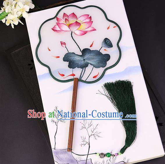 Chinese Traditional Su Embroidered Lotus Palace Fans Handmade Rosewood Silk Fan for Women