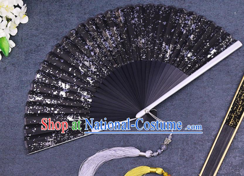 Chinese Traditional Classical Dance Black Silk Folding Fans Handmade Accordion Bamboo Fan