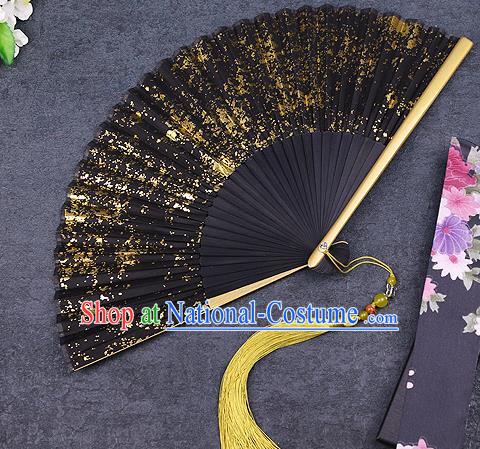 Chinese Traditional Classical Dance Black Silk with Gold Folding Fans Handmade Accordion Bamboo Fan