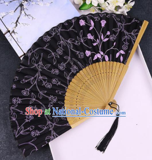 Chinese Traditional Classical Dance Printing Black Silk Folding Fans Handmade Accordion Bamboo Fan