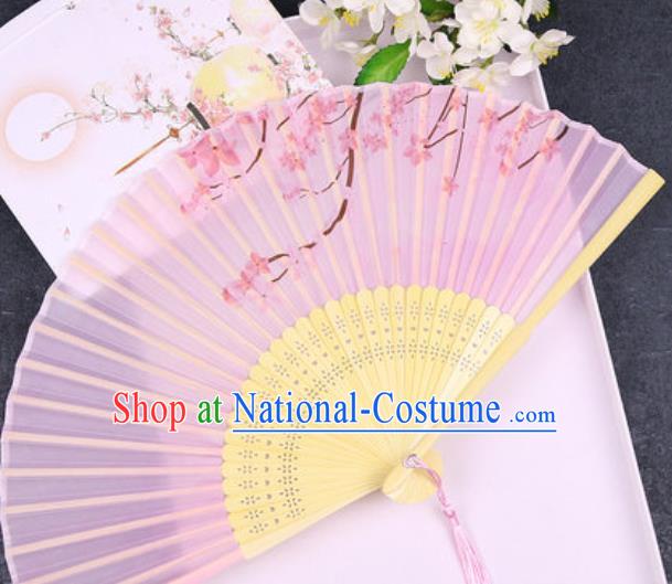 Chinese Traditional Classical Dance Printing Pink Silk Folding Fans Handmade Accordion Bamboo Fan