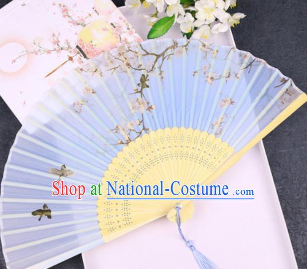 Chinese Traditional Classical Dance Printing Blue Silk Folding Fans Handmade Accordion Bamboo Fan