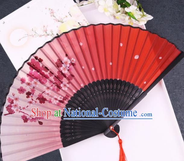 Chinese Traditional Classical Dance Printing Plum Blossom Red Silk Folding Fans Handmade Accordion Bamboo Fan