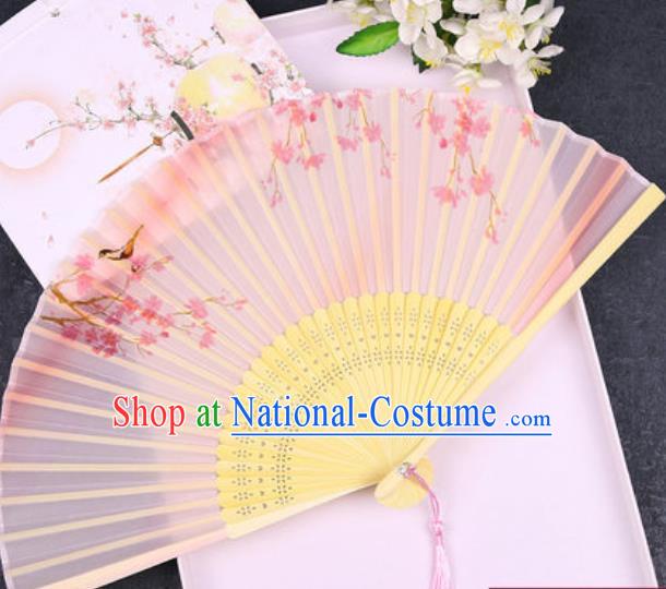 Chinese Traditional Classical Dance Printing Peach Blossom Pink Silk Folding Fans Handmade Accordion Bamboo Fan