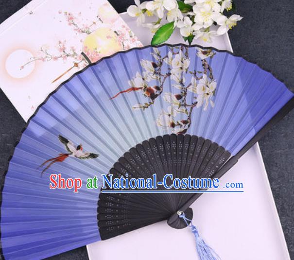 Chinese Traditional Classical Dance Printing Mangnolia Blue Silk Folding Fans Handmade Accordion Bamboo Fan