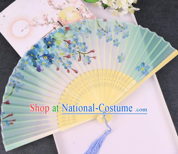 Chinese Traditional Classical Dance Printing Flowers Green Silk Folding Fans Handmade Accordion Bamboo Fan