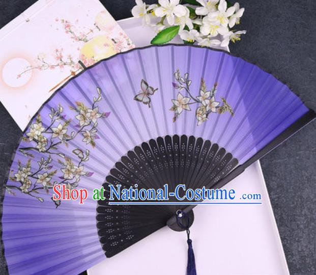 Chinese Traditional Classical Dance Printing Flowers Purple Silk Folding Fans Handmade Accordion Bamboo Fan