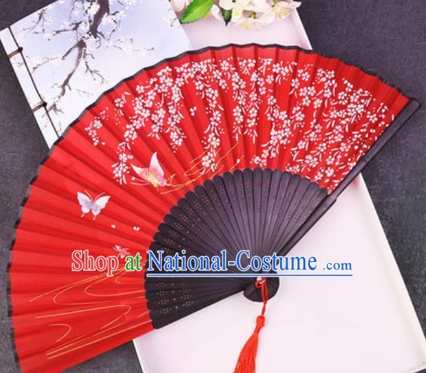 Chinese Traditional Classical Dance Printing Wisteria Butterfly Red Silk Folding Fans Handmade Accordion Bamboo Fan