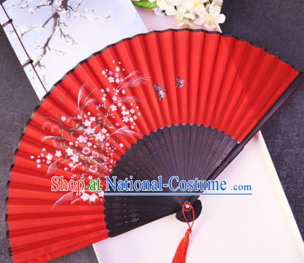 Chinese Traditional Classical Dance Printing Flowers Butterfly Red Silk Folding Fans Handmade Accordion Bamboo Fan