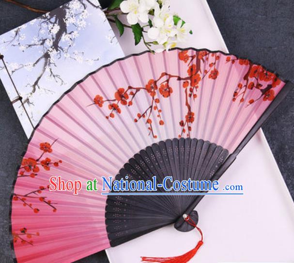 Chinese Traditional Classical Dance Printing Plum Pink Silk Folding Fans Handmade Accordion Bamboo Fan