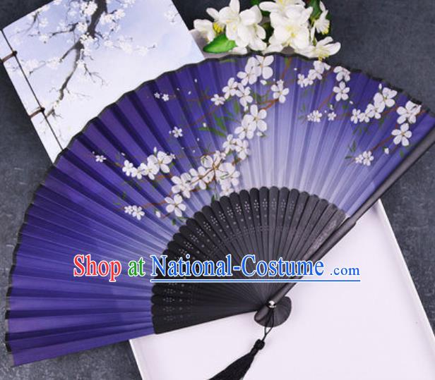 Chinese Traditional Classical Dance Printing Plum Purple Silk Folding Fans Handmade Accordion Bamboo Fan