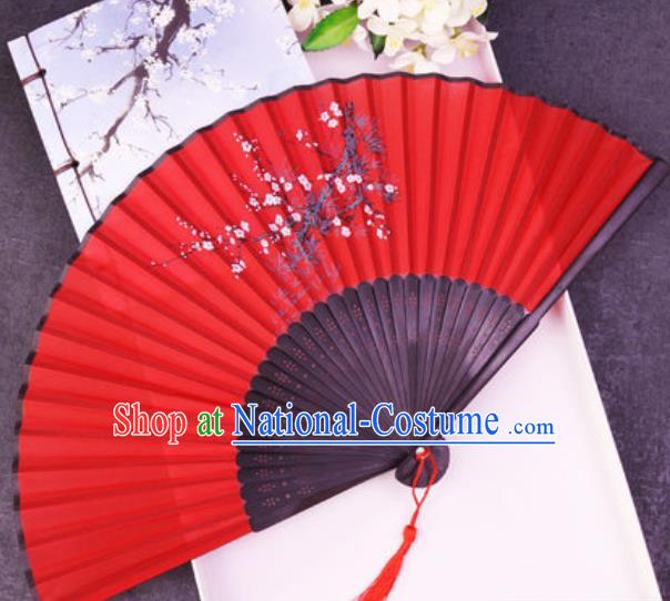 Chinese Traditional Classical Dance Printing Plum Red Silk Folding Fans Handmade Accordion Bamboo Fan