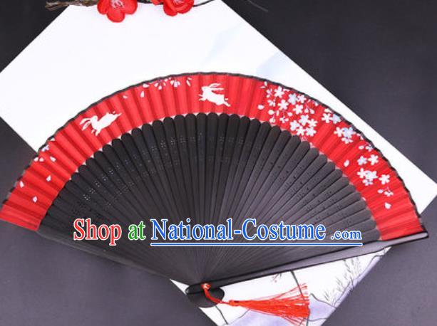 Chinese Traditional Painting Rabbit Red Silk Folding Fans Handmade Accordion Classical Dance Bamboo Fan