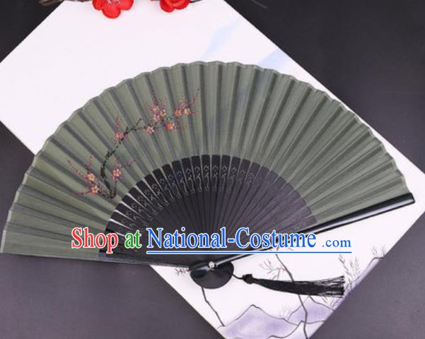 Chinese Traditional Painting Plum Atrovirens Silk Folding Fans Handmade Accordion Classical Dance Bamboo Fan