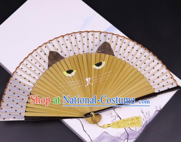 Chinese Traditional Painting Cat Silk Folding Fans Handmade Accordion Classical Dance Bamboo Fan