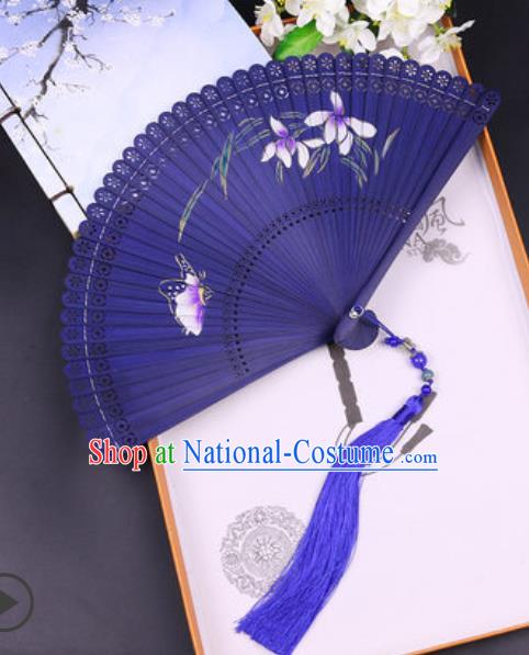 Chinese Traditional Painting Orchid Butterfly Blue Bamboo Folding Fans Handmade Accordion Classical Dance Fan