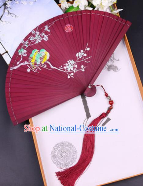 Chinese Traditional Painting Plum Bird Red Bamboo Folding Fans Handmade Accordion Classical Dance Fan