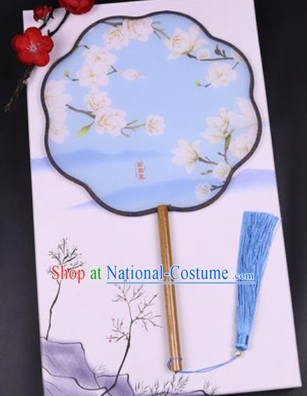 Chinese Traditional Painting Mangnolia Blue Palace Fans Handmade Classical Dance Silk Fan for Women