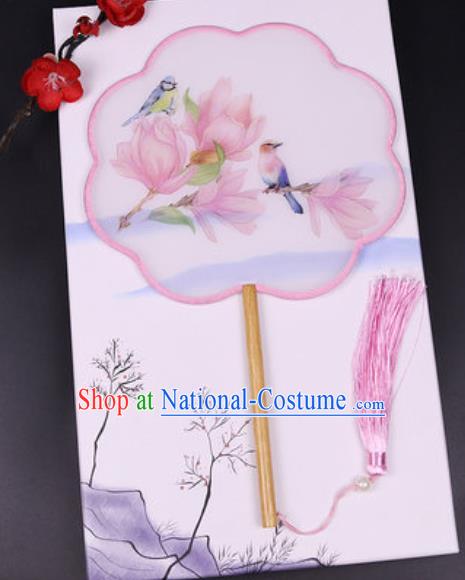 Chinese Traditional Painting Pink Mangnolia Palace Fans Handmade Classical Dance Silk Fan for Women