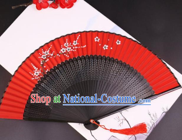 Chinese Traditional Painting White Plum Blossom Red Silk Folding Fans Handmade Accordion Classical Dance Bamboo Fan