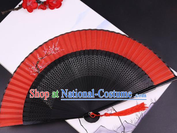 Chinese Traditional Painting Red Plum Blossom Red Silk Folding Fans Handmade Accordion Classical Dance Bamboo Fan