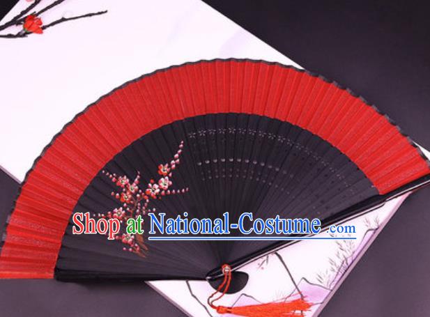 Chinese Traditional Painting Plum Blossom Red Silk Folding Fans Handmade Accordion Classical Dance Bamboo Fan