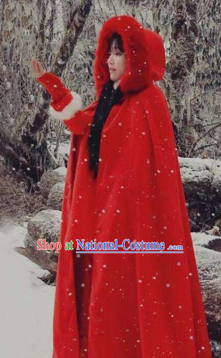 Traditional Chinese Tang Suit Red Cloak Blogger Li Ziqi Winter Overcoat Cape Costume for Women