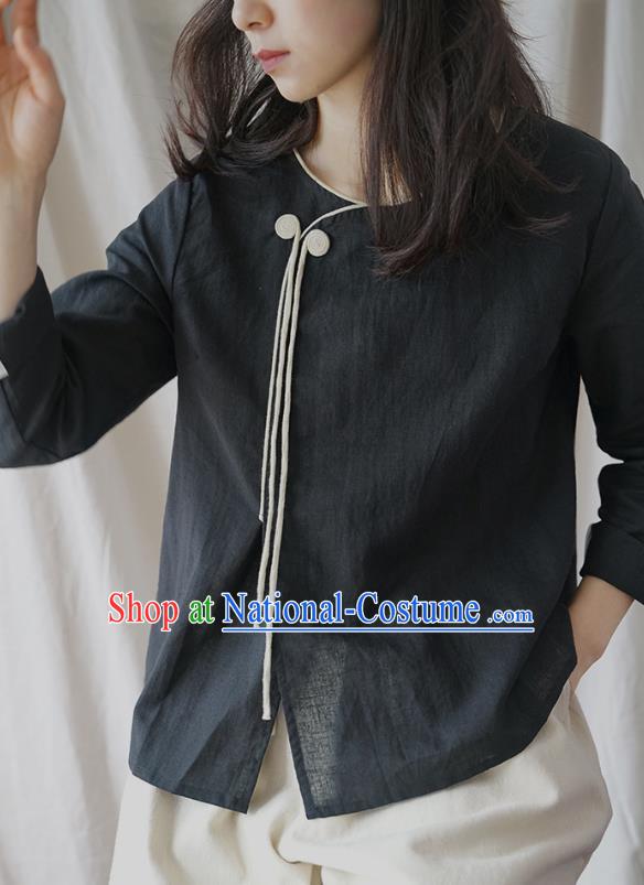 Traditional Chinese Tang Suit Black Shirt Blogger Li Ziqi Flax Blouse Costume for Women