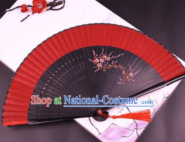 Chinese Traditional Painting Plum Red Silk Folding Fans Handmade Accordion Classical Dance Bamboo Fan