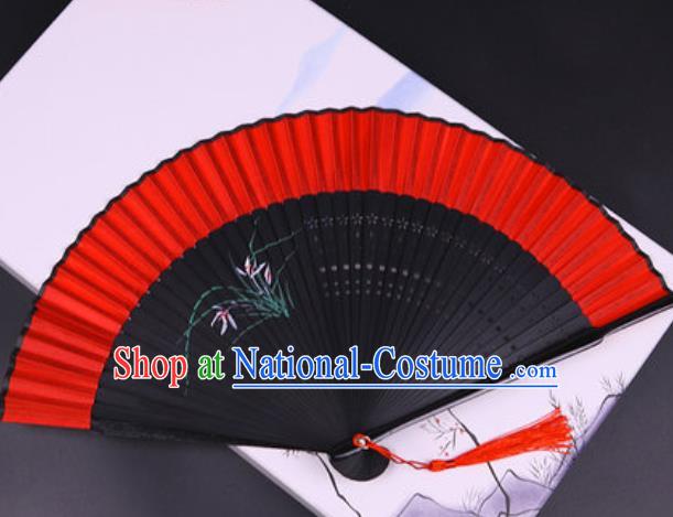 Chinese Traditional Painting Orchid Red Silk Folding Fans Handmade Accordion Classical Dance Bamboo Fan