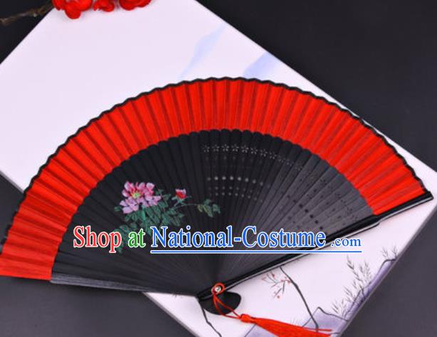 Chinese Traditional Painting Peony Red Silk Folding Fans Handmade Accordion Classical Dance Bamboo Fan