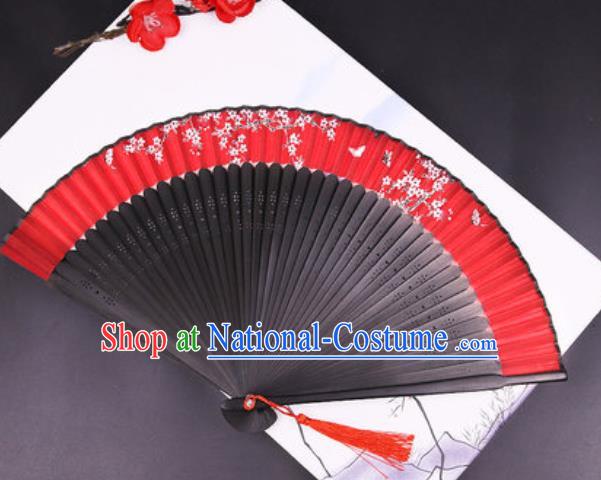 Chinese Traditional Painting Plum Butterfly Red Silk Folding Fans Handmade Accordion Classical Dance Bamboo Fan