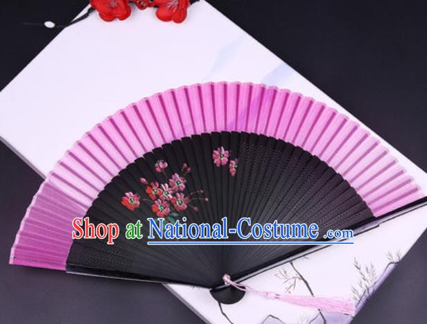 Chinese Traditional Painting Flowers Rosy Silk Folding Fans Handmade Accordion Classical Dance Bamboo Fan