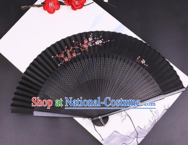 Chinese Traditional Painting Plum Black Silk Folding Fans Handmade Accordion Classical Dance Bamboo Fan