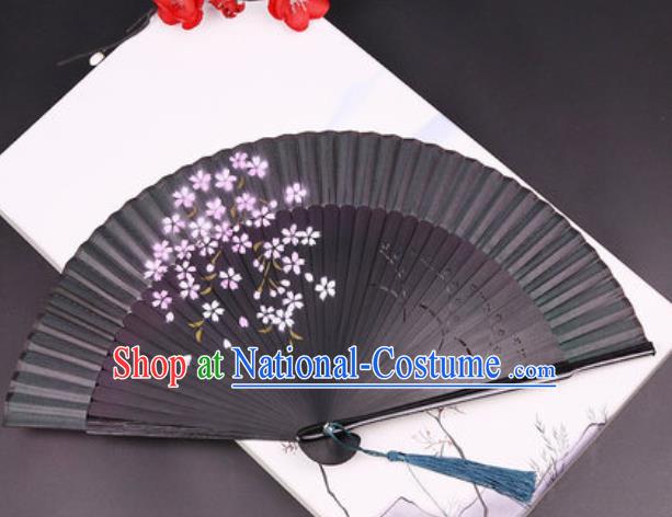 Chinese Traditional Painting Deep Gray Silk Folding Fans Handmade Accordion Classical Dance Bamboo Fan