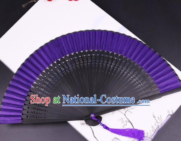 Chinese Traditional Purple Silk Folding Fans Handmade Accordion Classical Dance Bamboo Fan