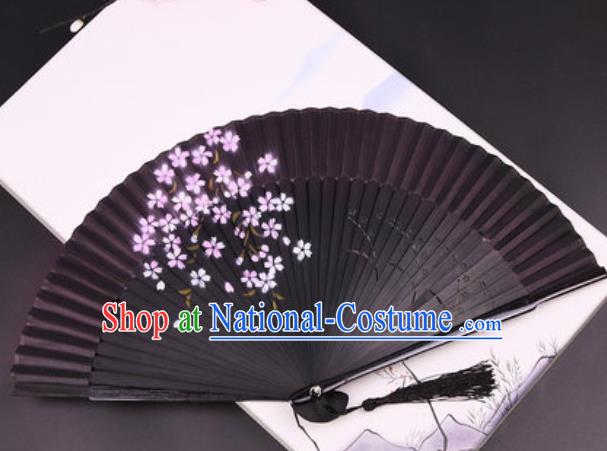 Chinese Traditional Painting Flowers Black Silk Folding Fans Handmade Accordion Classical Dance Bamboo Fan