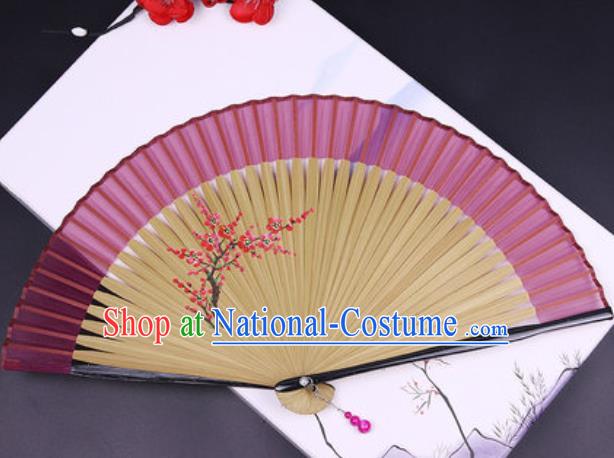 Chinese Traditional Painting Flowers Wine Red Silk Folding Fans Handmade Accordion Classical Dance Bamboo Fan