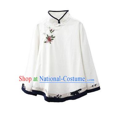 Traditional Chinese Tang Suit White Flax Shirt Blogger Li Ziqi Stand Collar Blouse Costume for Women