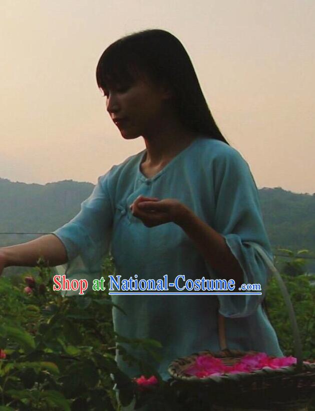 Traditional Chinese Tang Suit Blue Flax Blouse Blogger Li Ziqi Shirt Costume for Women