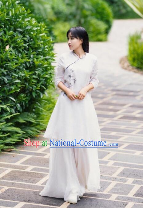 Traditional Chinese Tang Suit White Flax Qipao Dress Blogger Li Ziqi Costume for Women