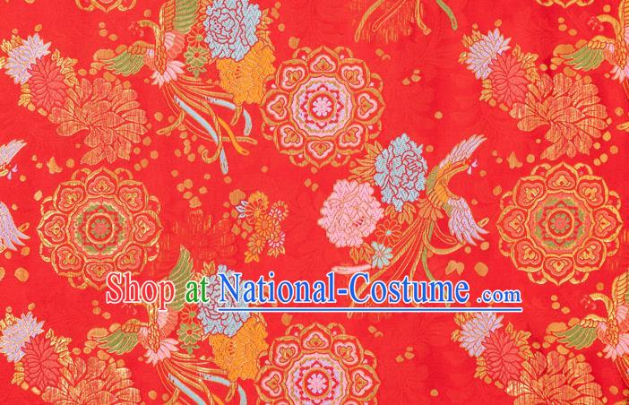 Asian Japanese Traditional Phoenix Peony Pattern Design Red Brocade Fabric Kimono Tapestry Satin