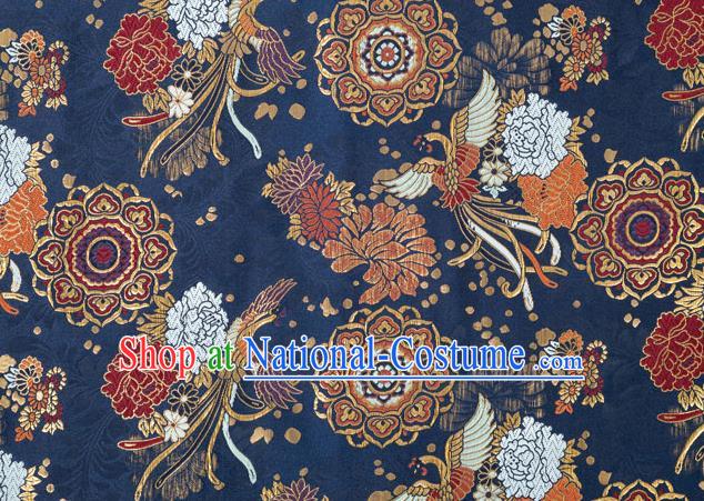 Asian Japanese Traditional Phoenix Peony Pattern Design Navy Brocade Fabric Kimono Tapestry Satin