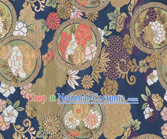 Chinese Classical Chrysanthemum Bamboo Pattern Design Navy Brocade Fabric Asian Traditional Hanfu Satin Material