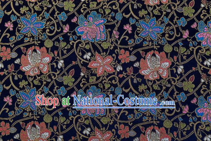 Chinese Classical Twine Lotus Pattern Design Navy Brocade Fabric Asian Traditional Hanfu Satin Material